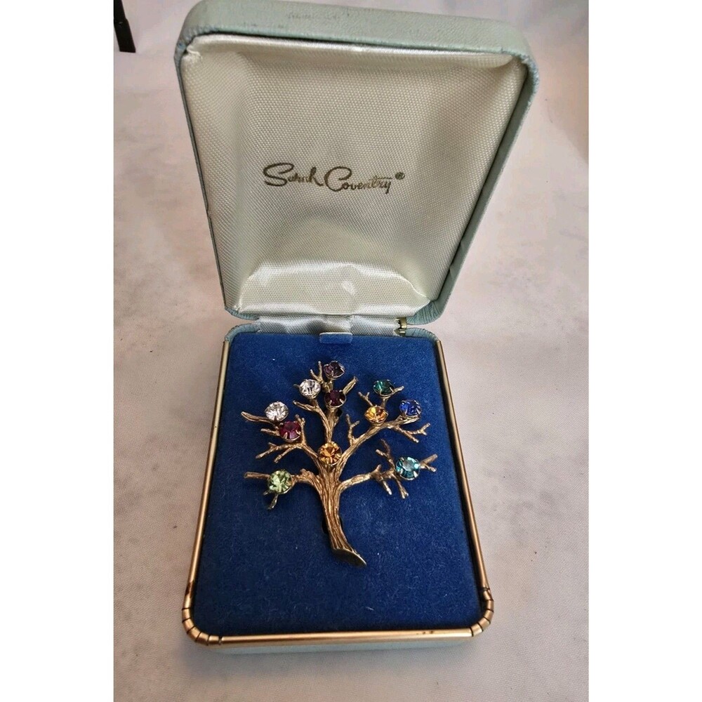 Vintage Mothers Day Pin Sarah Coventry Tree Brooch Multicolor Rhinestone Family